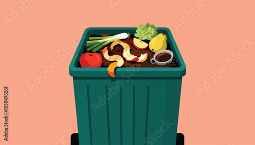 Green bin overflowing with compostable food scraps, fruit, and vegetables