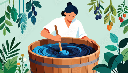 Person stirring a wooden barrel of blue liquid amidst lush greenery