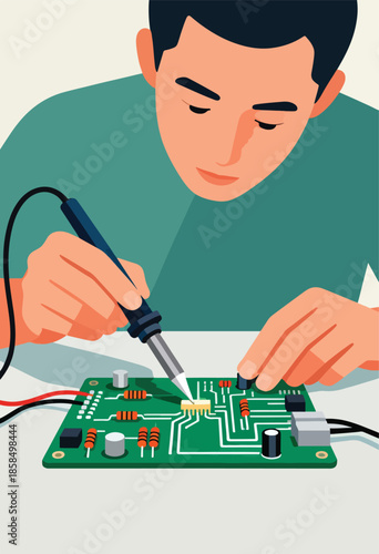 Person soldering a circuit board with components