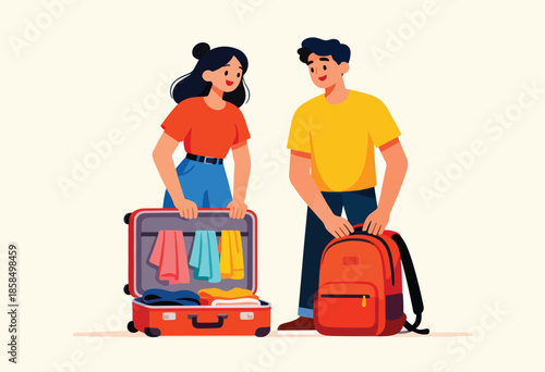 Couple packing for a trip, one with an open suitcase, the other with a backpack