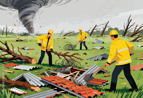 Cleanup workers clear debris after a destructive tornado passes