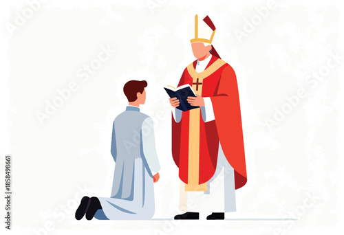 Cleric in red robe and mitre reads from book to kneeling supplicant