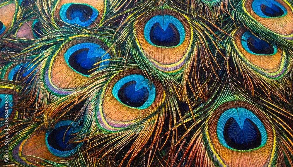 Fototapeta premium peacock feather background, Peacock feather texture background with vibrant blue, green, and gold tones, showcasing natural luxury, intricate feather details, organic pattern, elegance