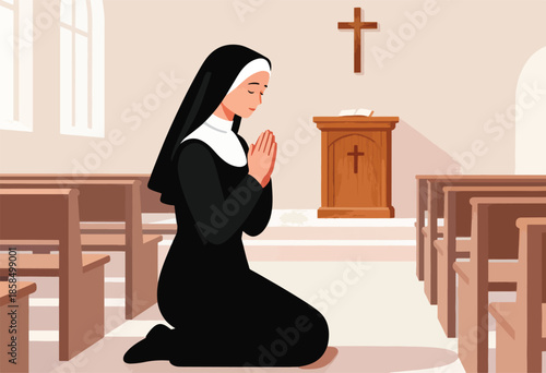 Nun kneeling in prayer inside a church, facing a pulpit and cross