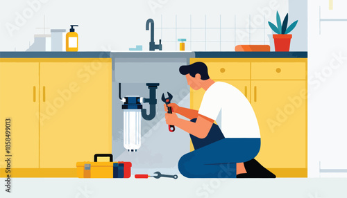 Person working on sink plumbing, fixing a water filter