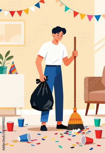 A young man sweeps up confetti and cups after a party