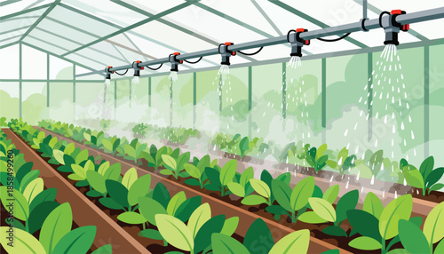 Rows of young plants in a greenhouse being watered by overhead sprinklers