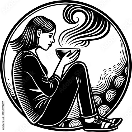 Minimalist Vector Illustration of Woman Drinking Coffee Melancholic