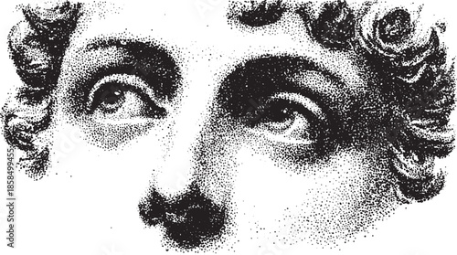 Elegant face with detailed curls and expressive eyes. Monochrome vector illustration showcasing fine art and texture.