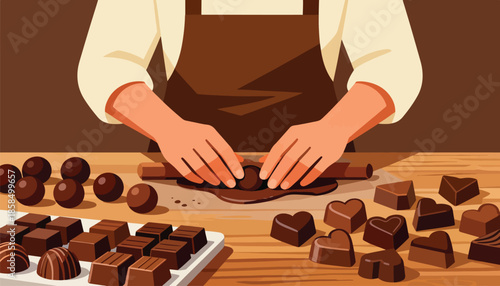 Hands shaping rich chocolate truffles and assorted confections on a wooden surface