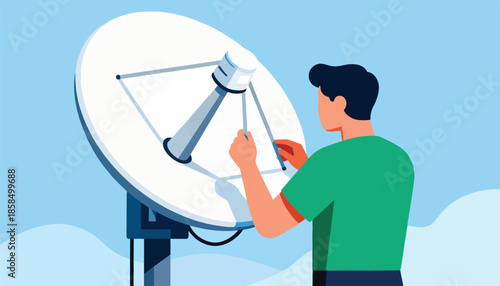 Person adjusts satellite dish against a sky blue background