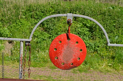 Red Ship Gong Mounted on Deck of Inland Waterway Vessel, Elblag Canal, Poland