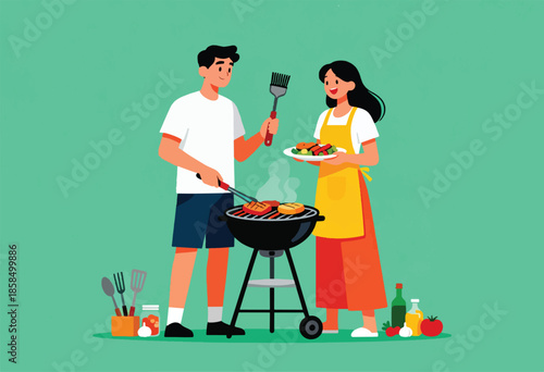 Couple grilling food on a barbecue, enjoying a meal outdoors