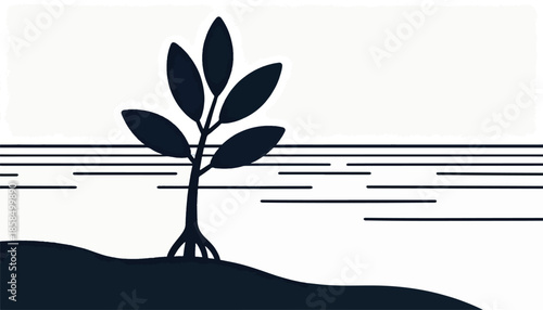 Minimalist depiction of a lone tree with visible roots on a dark shore, against a white sky and flat water lines