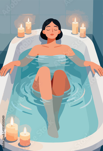 Woman relaxing in bathtub surrounded by candles