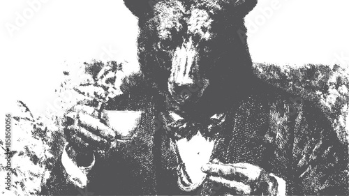 Bear in a suit holding a teacup. Vintage monochrome vector illustration showcasing a detailed character design in a unique setting.