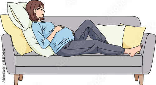 Pregnant woman lying on sofa resting illustration