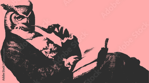 Owl illustration in black and white style. Features a wise figure reading in a vintage vector art set on a pink background.