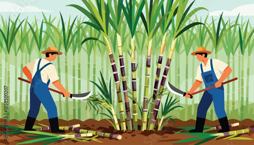 Farmers harvest sugarcane in a field, cutting stalks with machetes