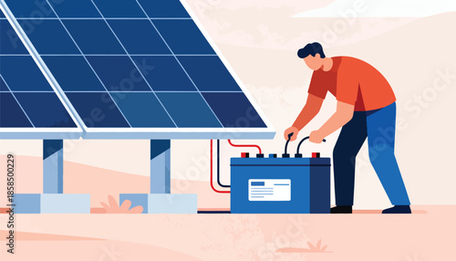 Person connecting battery to solar panels for renewable energy storage