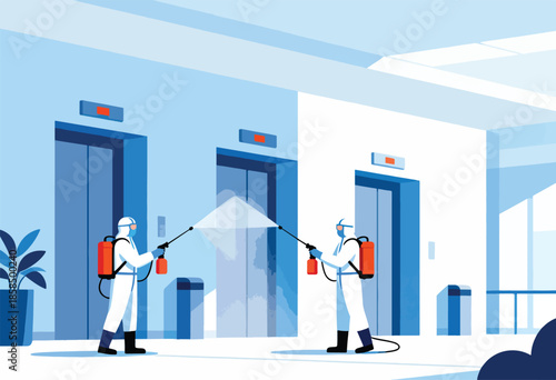 Two people in hazmat suits disinfecting an elevator lobby with sprayers