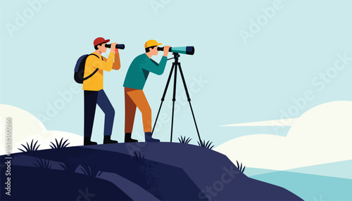 Two men observe a vast landscape with binoculars and a telescope