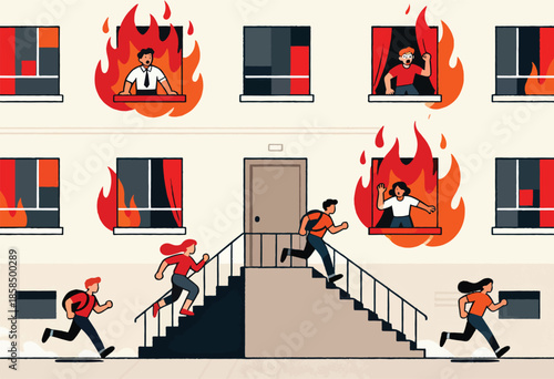 People evacuate a burning building, some trapped in windows, others running downstairs