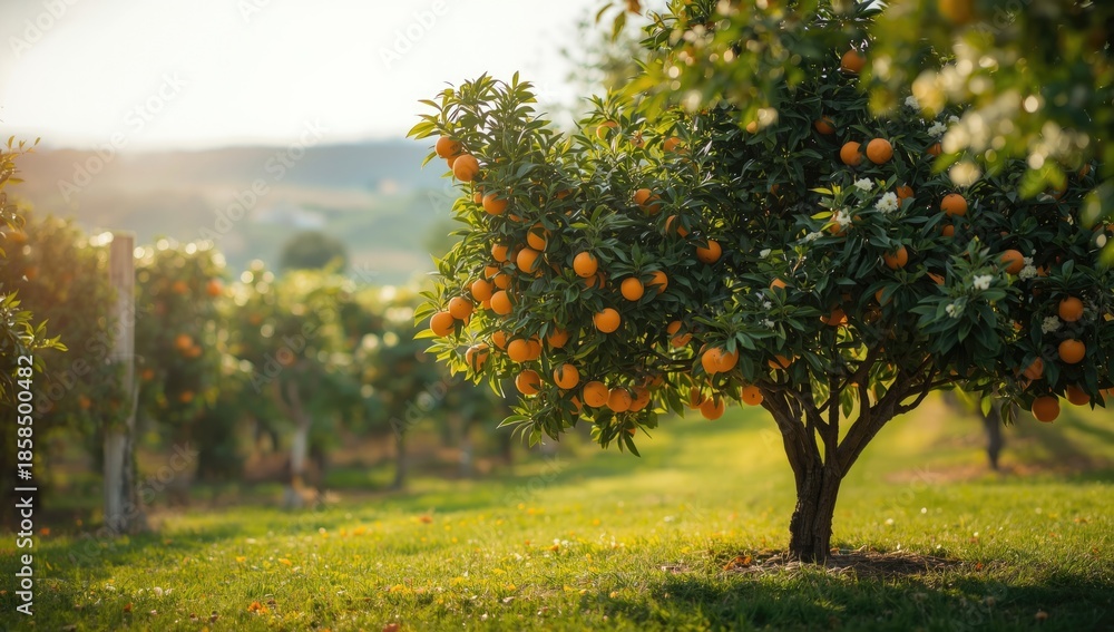 Fototapeta premium Orange tree in a farm, illustrating sustainable agriculture methods
