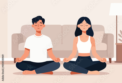 Two people meditating peacefully on the floor in a living room