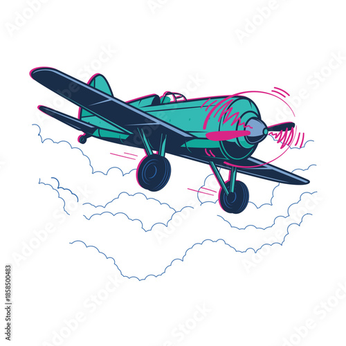 Military jet fighter aircraft with a vintage red propeller biplane illustration flying in the sky for aviation travel and flight transportation