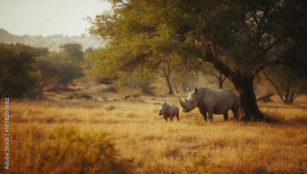 Fototapeta premium White rhinoceros in natural habitat amidst grass and trees, highlighting wildlife preservation