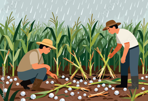 Farmers collecting hailstones in a cornfield during a downpour