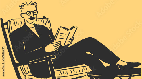 Man reading a book while sitting in a chair. Simple black and white vector illustration showcasing a relaxed indoor setting.