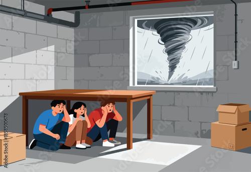 Terrified people shelter under table from powerful tornado outside a basement window