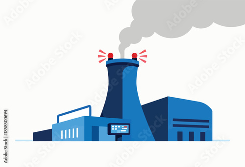Factory emitting smoke with warning lights atop smokestack