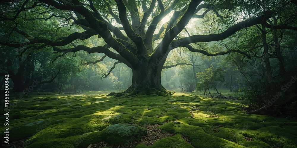 Fototapeta premium Ancient woodland floor blanketed in moss, highlighting biodiversity and conservation efforts