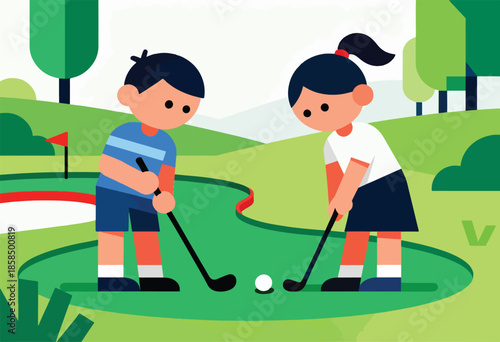 Two children playing golf on a sunny day on a green course with trees