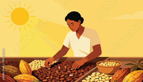 Person selecting cocoa beans under a bright sun