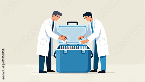 Two scientists in lab coats examine samples in a cooler
