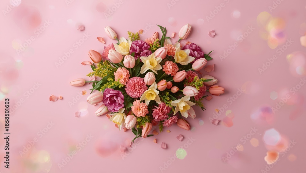 Obraz premium Bright spring blossoms set against a pink background serving as decorative floral artwork for seasonal layouts, Earth Day