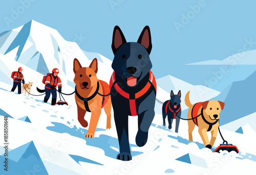 Search and rescue team with dogs navigates a snowy mountain landscape