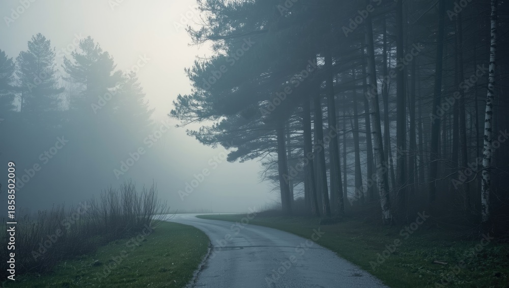 Obraz premium Misty trail surrounded by towering pine trees in a park landscape on Cape Cod, highlighting seasonal change