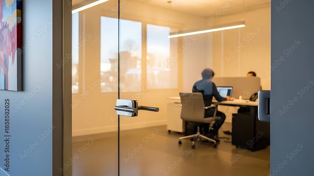 Fototapeta premium Focused collaborative work in modern office space through a glass door