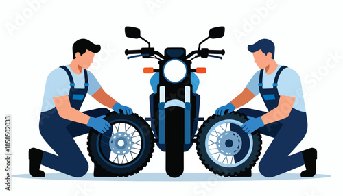 Two mechanics in blue overalls work on a motorcycle, handling its wheels