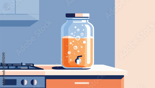 Tall glass jar with orange drink and bubbles, on kitchen counter