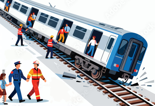 Train derailment scene with rescuers helping passengers disembark