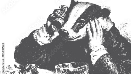 Vintage badger character with a monocle, pen, and glass. A whimsical vector illustration showcasing artistic details in black and white.