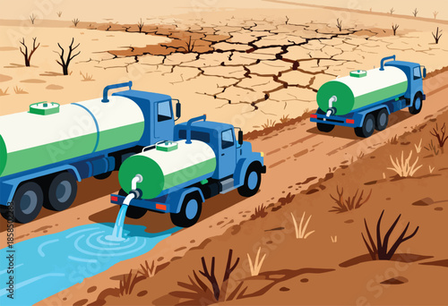 Tanker trucks deliver water to parched, cracked earth in arid landscape