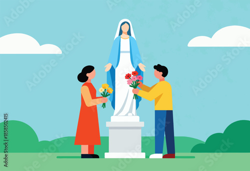 People offer flowers to a statue of a revered figure outdoors