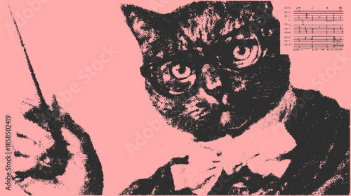 Cat wearing glasses and a bowtie, holding a wand. A whimsical vector illustration with a pink background showcasing a unique character.